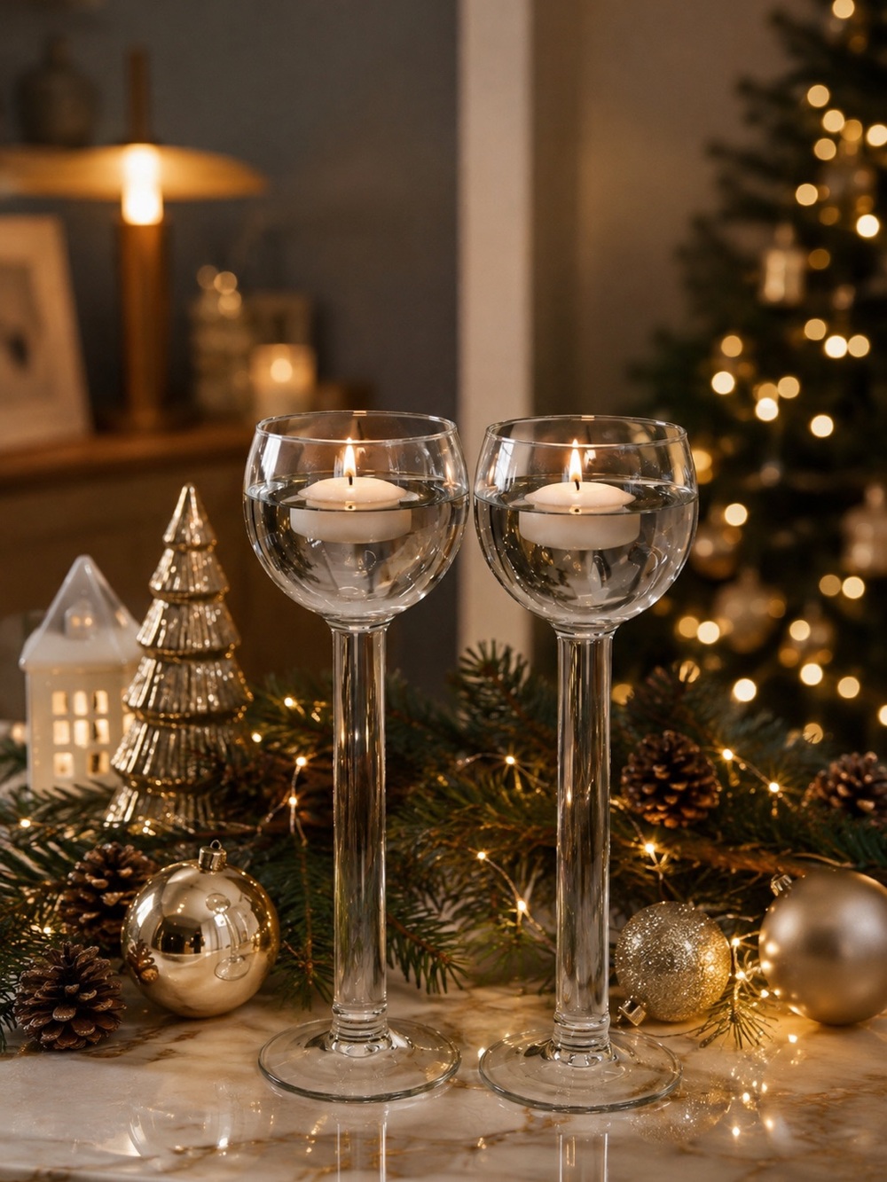 Crate&Barrel Tall Hollow Stem Glass Floating Candle Holders Pair